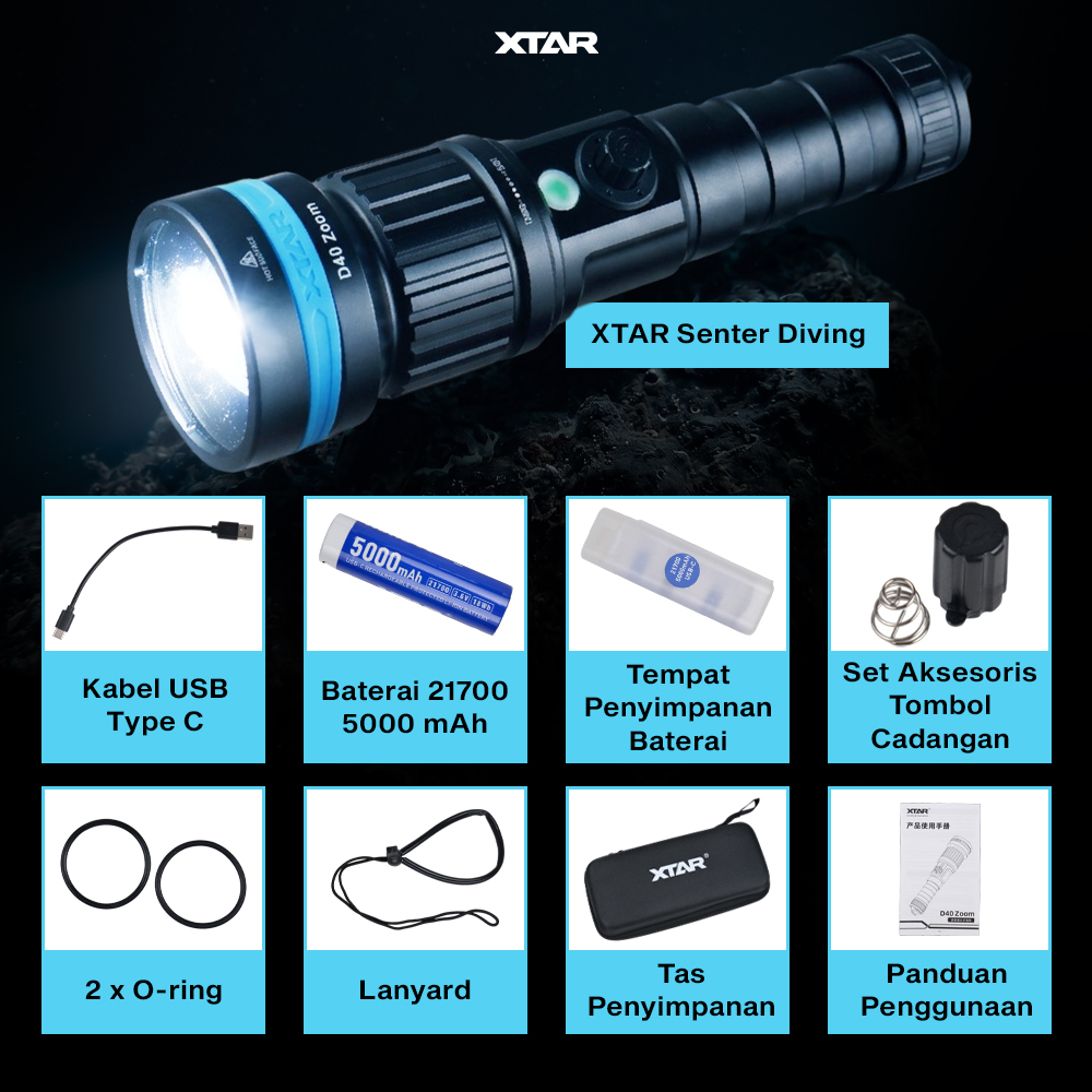 Gambar produk XTAR Senter Selam Diving Luminus Adjustable Beam Angle 1600 Lumens - D40 - 8