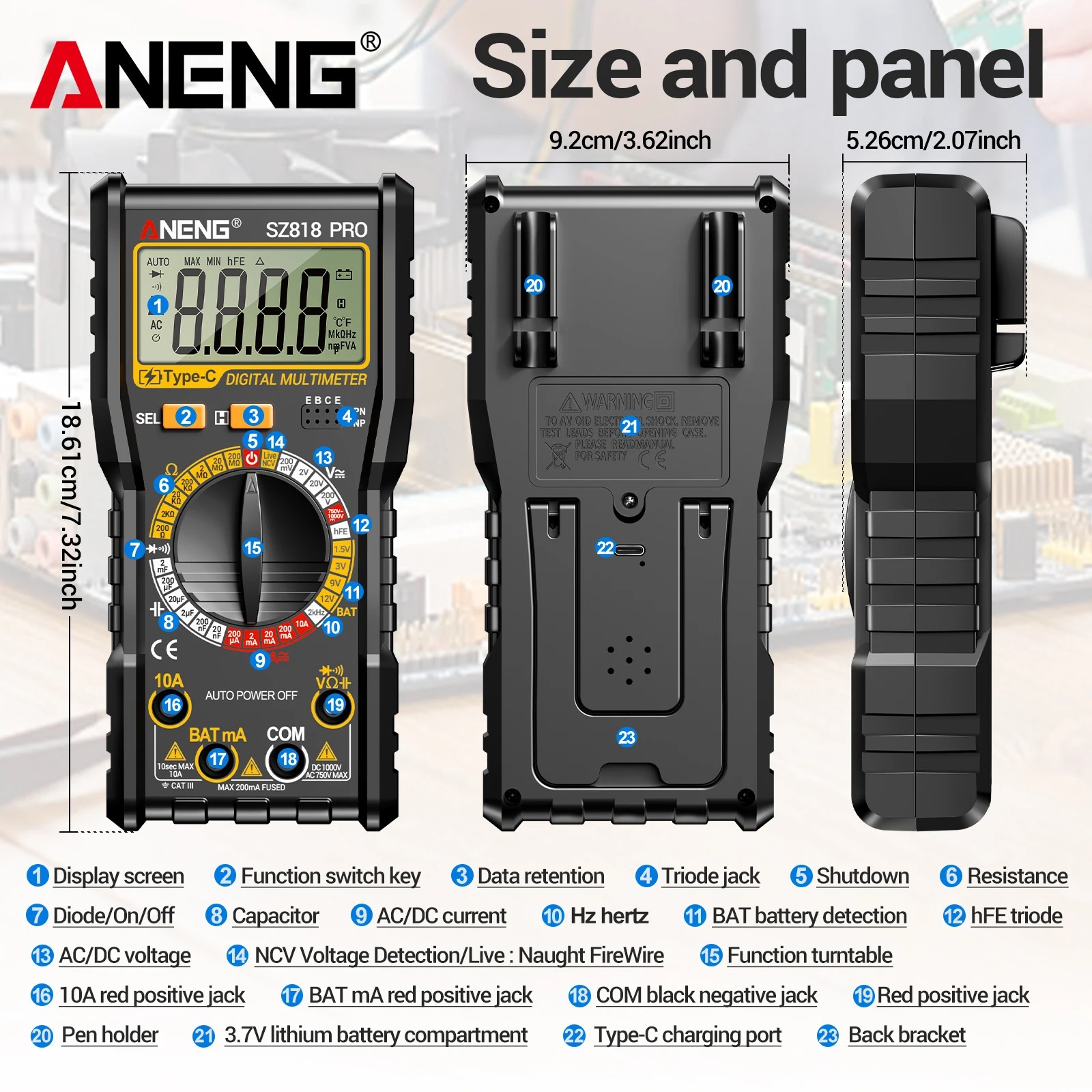 Gambar produk ANENG Digital Multimeter Voltage Tester Battery Test NCV 1999 Count - SZ818 Pro - 7