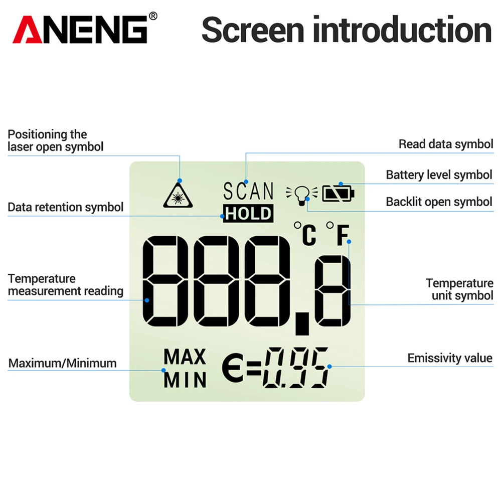 ANENG Termometer Industrial Digital Thermogun Infrared Backlight - TH109 Gambar produk ANENG Termometer Industrial Digital Thermogun Infrared Backlight - TH109 - 7