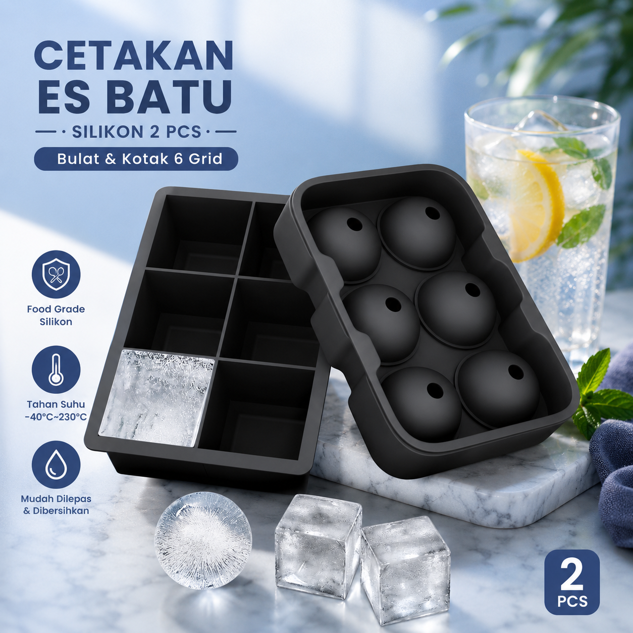 Gambar produk TaffHOME Cetakan Es Batu Silikon Bulat Kotak 6 Grid Ice Cube 2 PCS - CW76685 - Utama