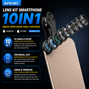 Gambar produk APEXEL Lensa Kamera HP 10in1 Fisheye Macro Wide Tele CPL Kale Filter - APL-DG10