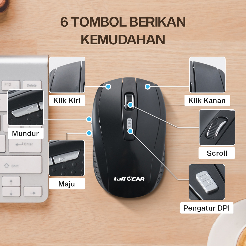Gambar produk TaffGEAR Mouse Wireless Optical 2.4GHz Ergonomis Portable 6Key 1600DPI - AA-01 - 2