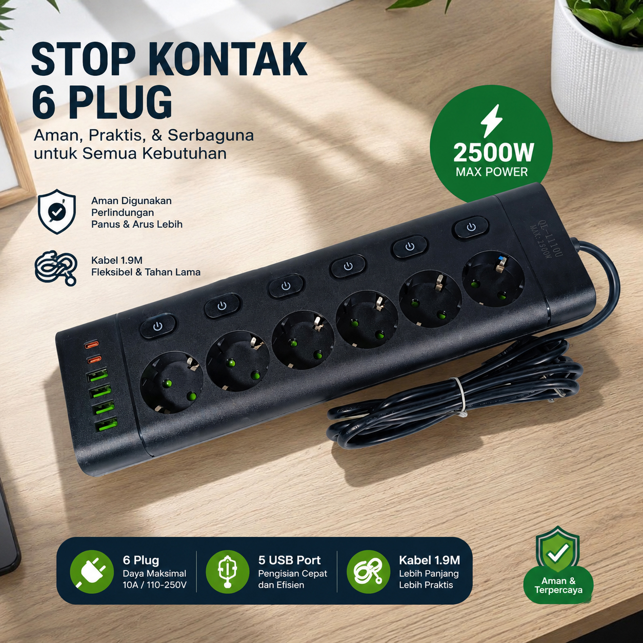 Gambar produk QIAOLIAN Stop Kontak Kabel 6 Socket 4 USB A 2 USB C 1.9M 250V 2500W - QL-1110U - Utama
