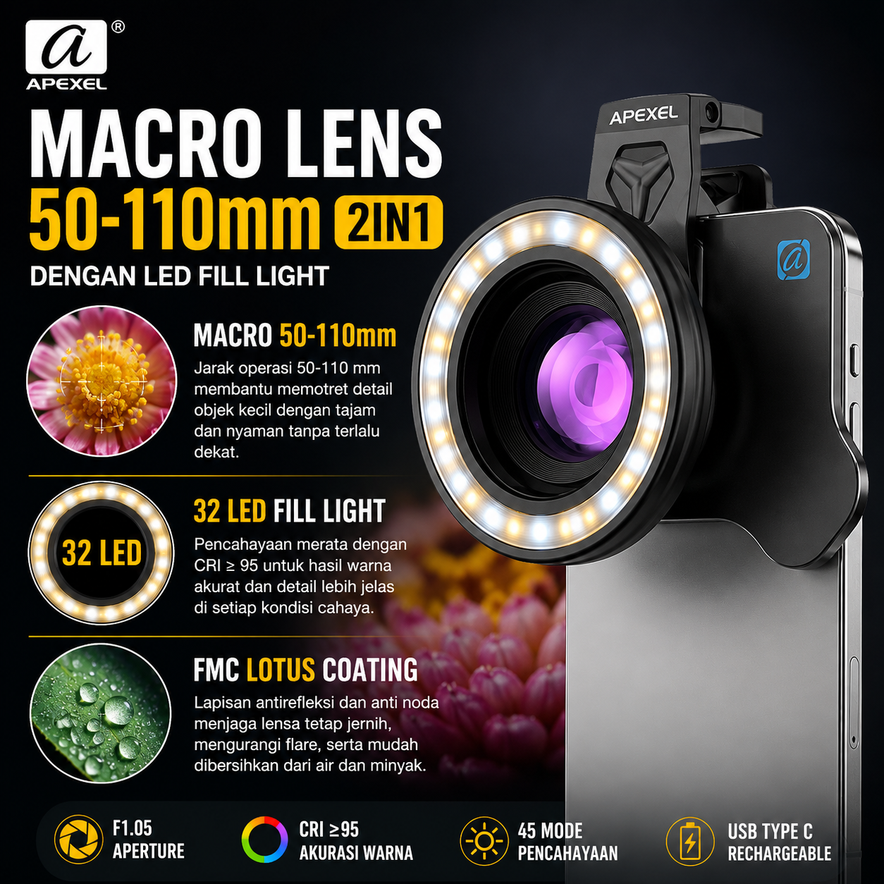 Gambar produk APEXEL Lensa Kamera HP 2in1 Macro Lens 50-110mm with Light - APL-HB100UFL26 - Utama