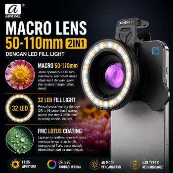 APEXEL Lensa Kamera HP 2in1 Macro Lens 50-110mm with Light - APL-HB100UFL26 - Black