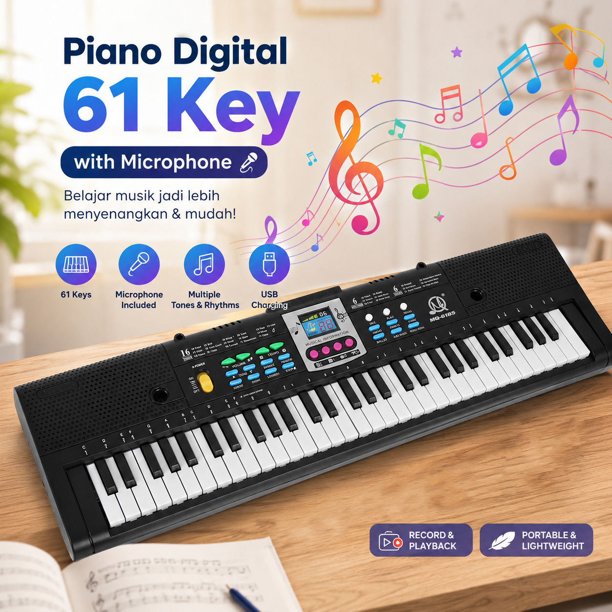 MAYGIV Piano Digital Elektrik Mainan Anak 61 Key with Microphone - MQ-6185 Gambar produk MAYGIV Piano Digital Elektrik Mainan Anak 61 Key with Microphone - MQ-6185 - Utama