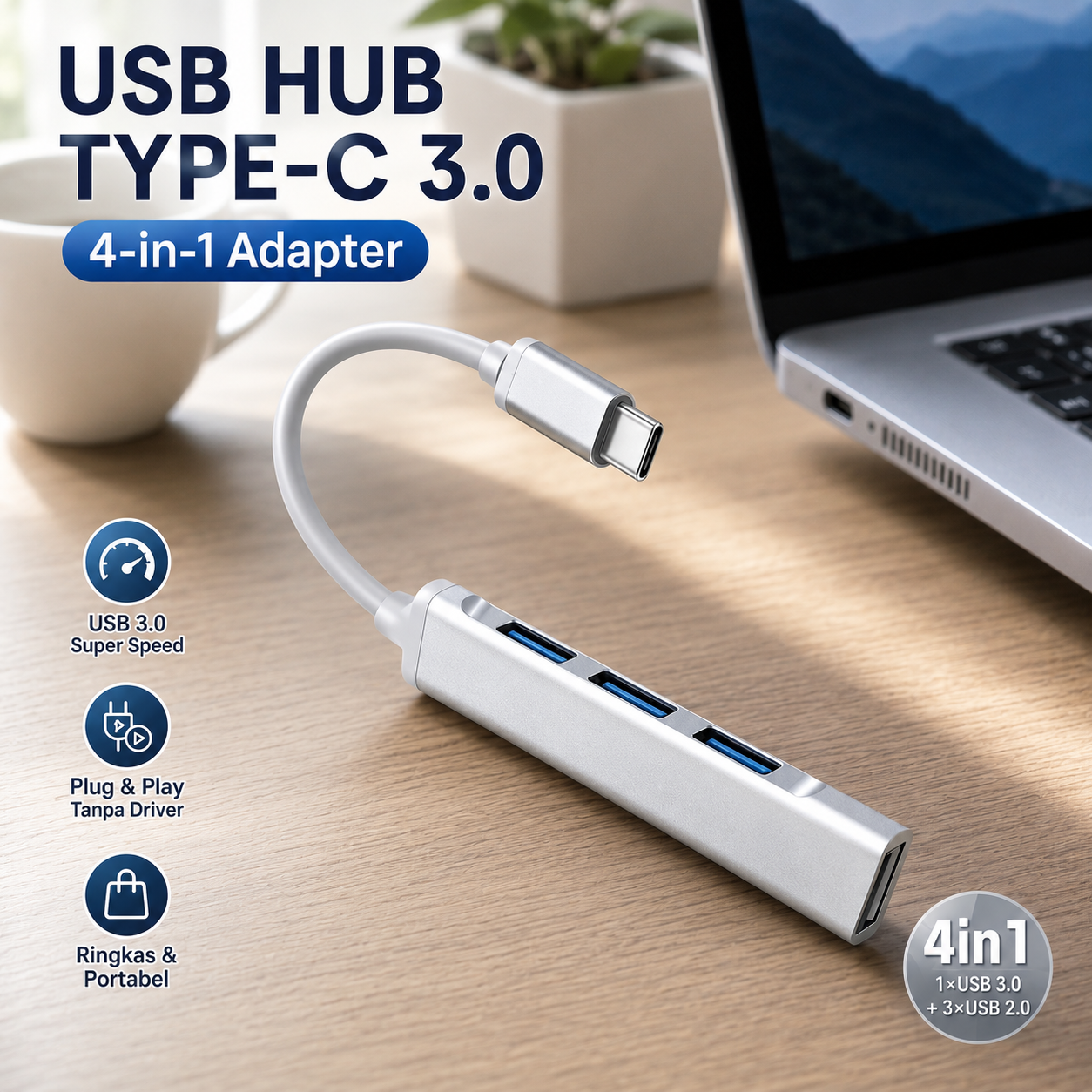 Gambar produk Taffware USB HUB Type C 3.0 Adapter 4in1 USB 3.0 dan USB 2.0 - C809 - Utama