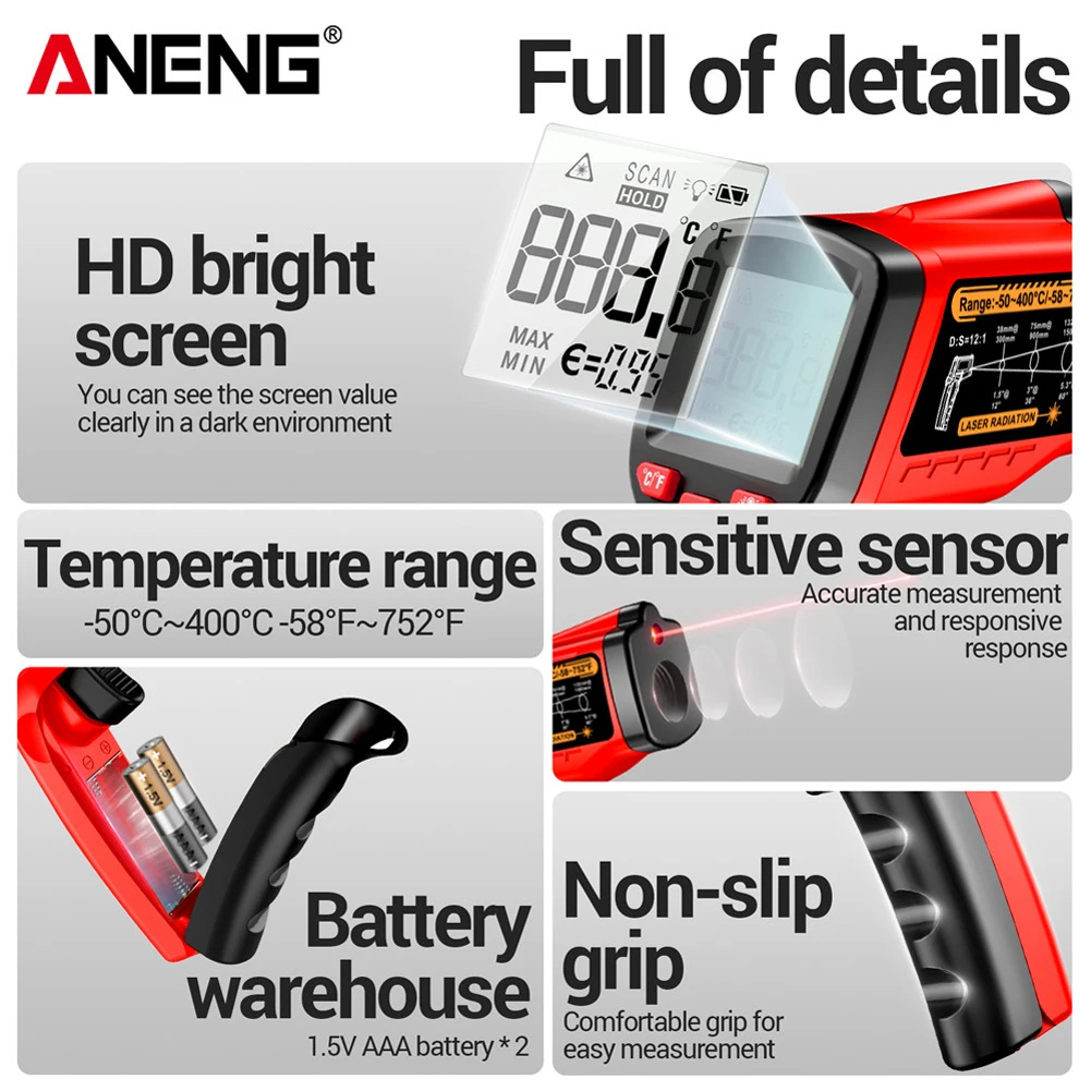 ANENG Termometer Industrial Digital Thermogun Infrared Backlight - TH109 Gambar produk ANENG Termometer Industrial Digital Thermogun Infrared Backlight - TH109 - 5