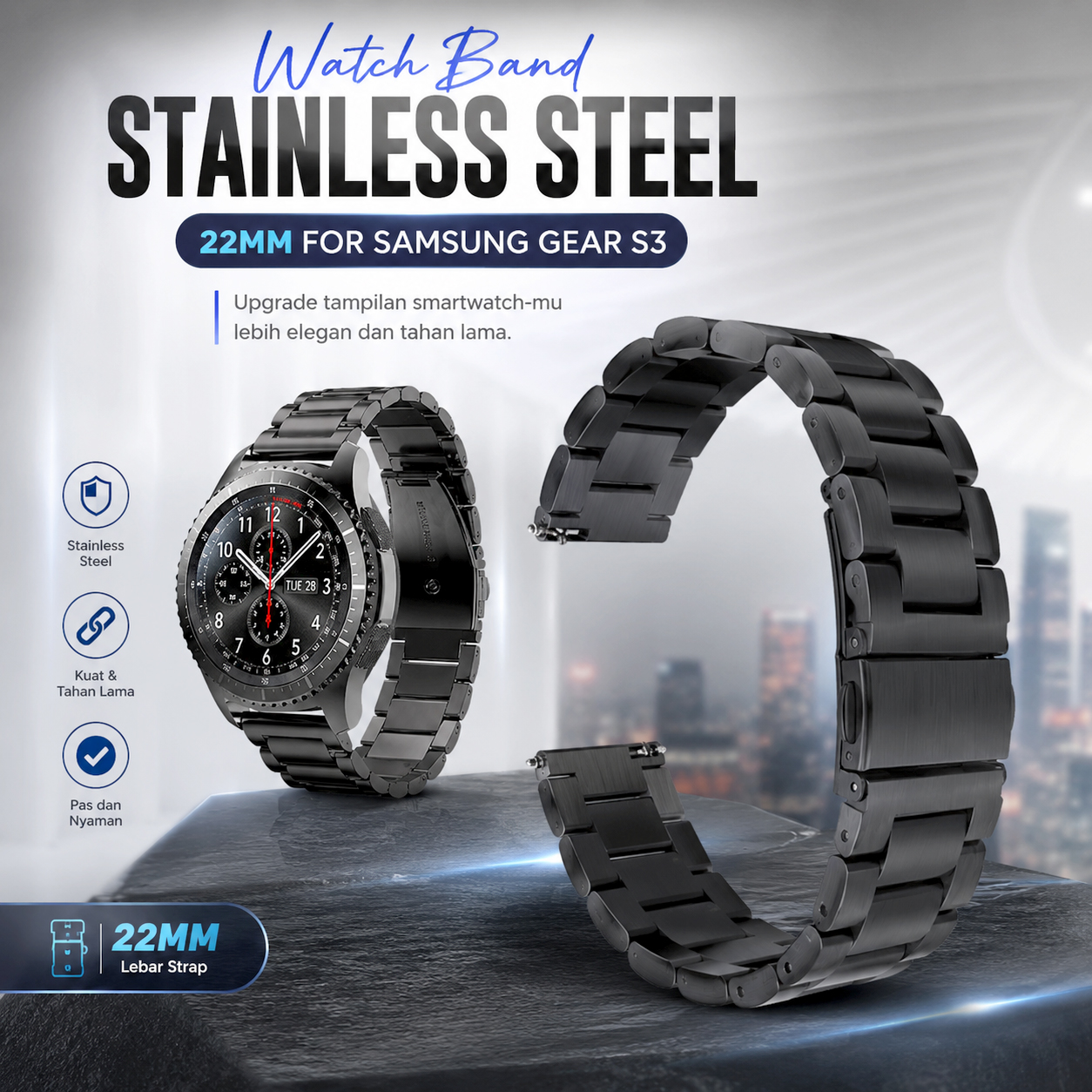 Stainless Steel Strap Watch Band 3 Pointer 22mm for Samsung Gear S3 - SS3 Gambar produk Stainless Steel Strap Watch Band 3 Pointer 22mm for Samsung Gear S3 - SS3 - Utama