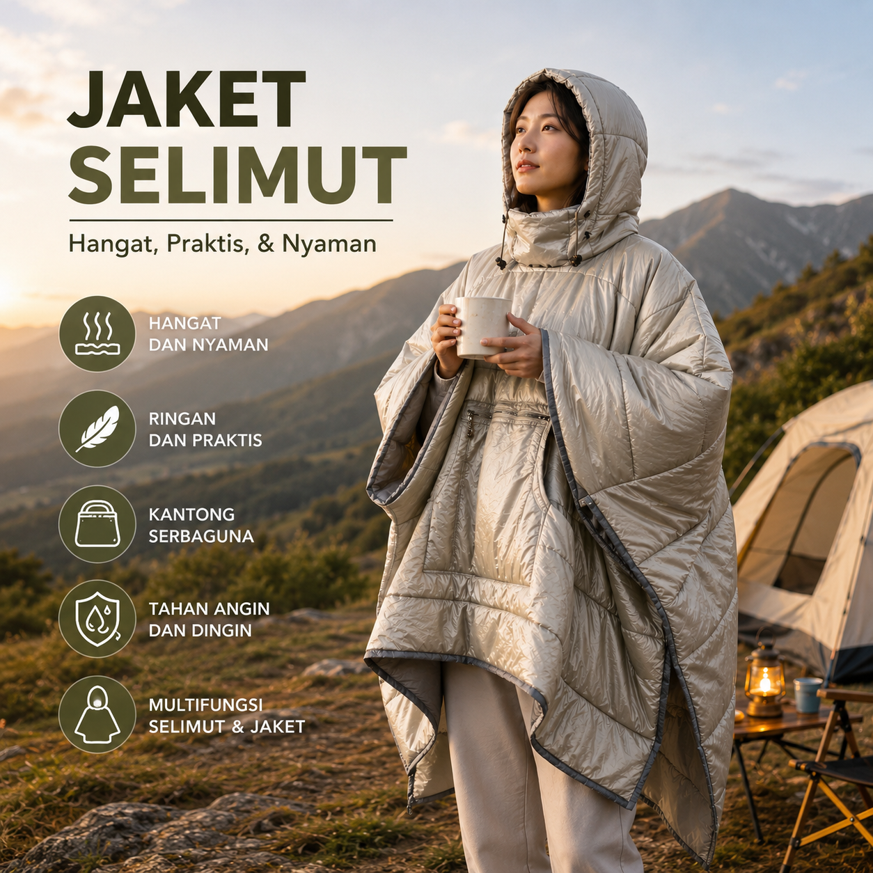 BEITAO Jaket Selimut Poncho Wearable Blanket Water Repellent Nylon - BH-1123 Gambar produk BEITAO Jaket Selimut Poncho Wearable Blanket Water Repellent Nylon - BH-1123 - Utama