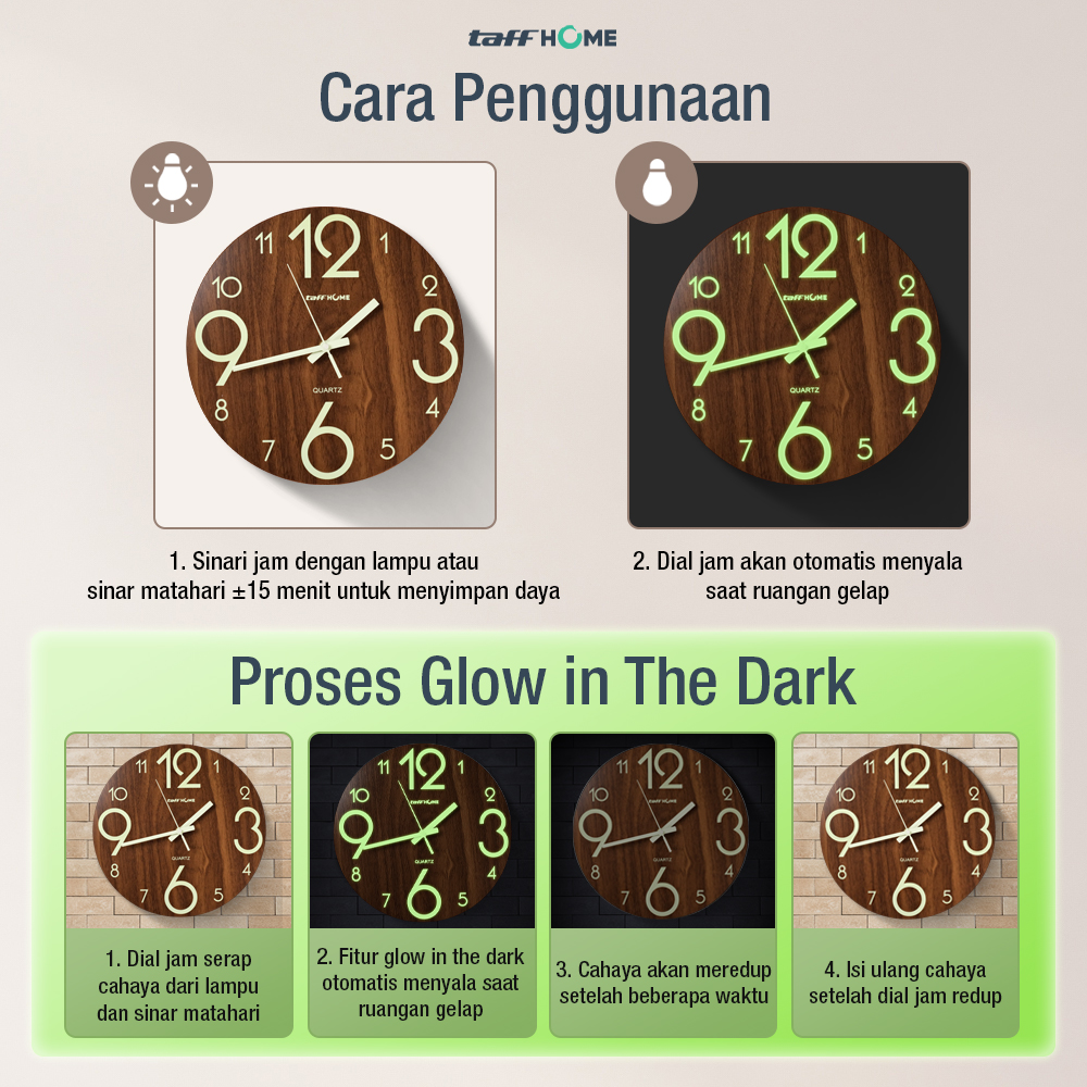 Gambar produk TaffHOME Jam Dinding Bulat Quartz Luminous Glow in The Dark 30cm MDB3 - 5