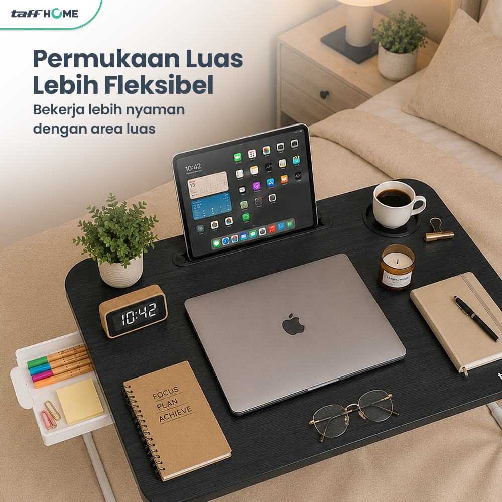 TaffHOME Meja Lipat Laptop Foldable Bed Table with Drawer Cup Holder 60x40cm - BC67 Gambar produk TaffHOME Meja Lipat Laptop Foldable Bed Table with Drawer Cup Holder 60x40cm - BC67 - 1