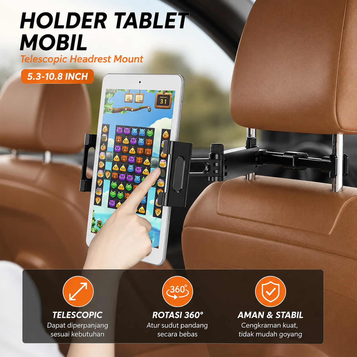 Gambar produk SEAMETAL Holder Tablet Mobil Telescopic Headrest Mount 5.3-10.8 Inch - SM13 - Utama