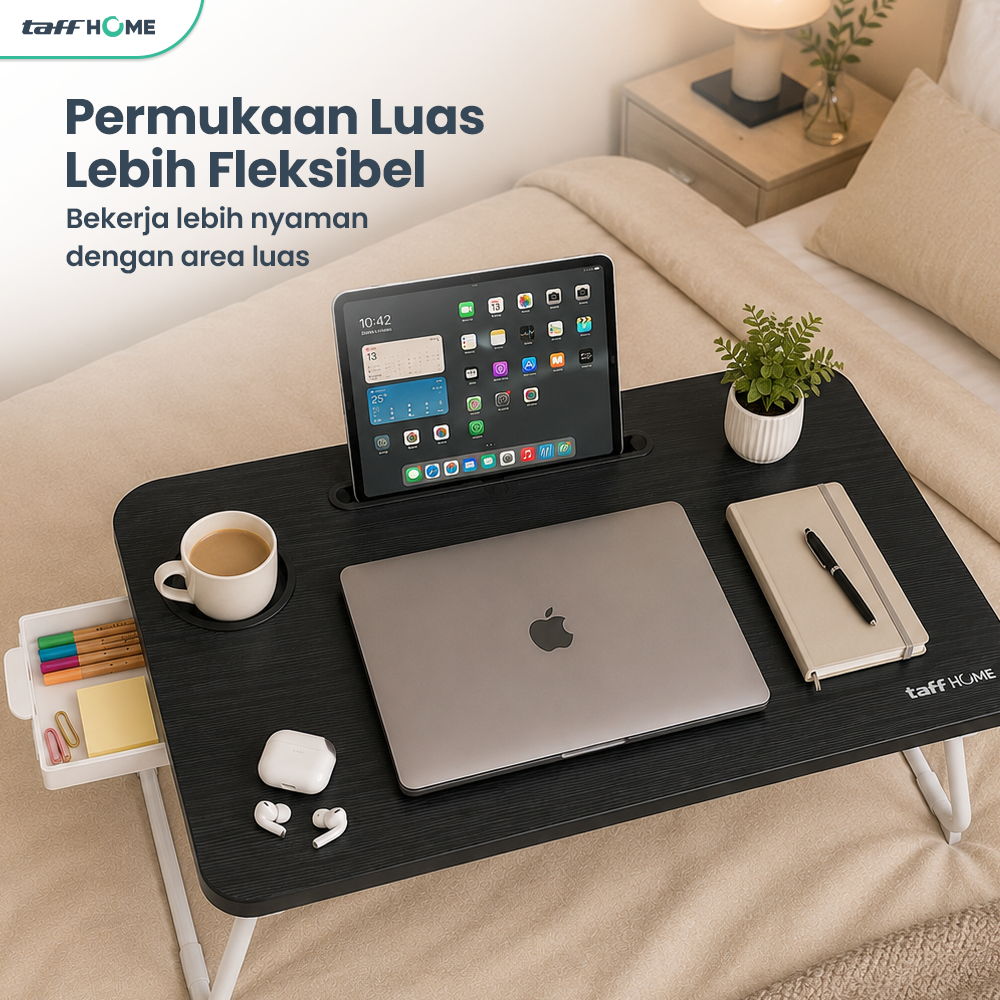TaffHOME Meja Lipat Laptop Foldable Bed Table with Drawer Cup Holder 60x40cm - BC67 Gambar produk TaffHOME Meja Lipat Laptop Foldable Bed Table with Drawer Cup Holder 60x40cm - BC67 - 1