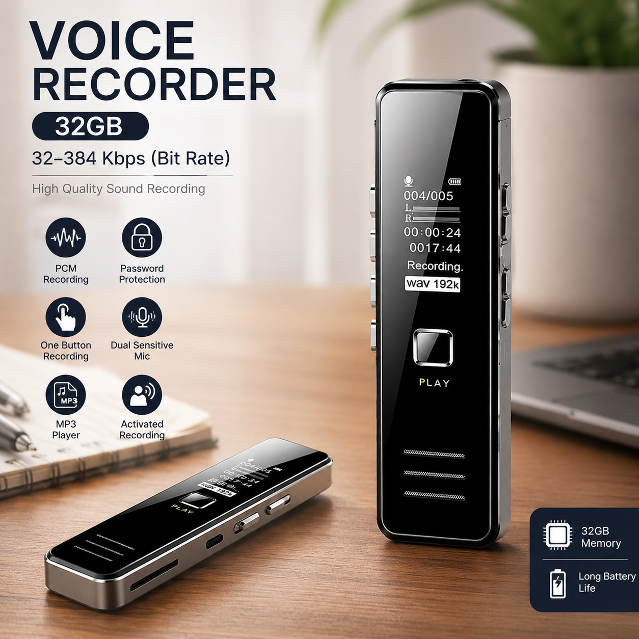 Gambar produk FORNORM Perekam Suara Audio Digital Mini Voice Recorder 32GB - VC173 - Utama
