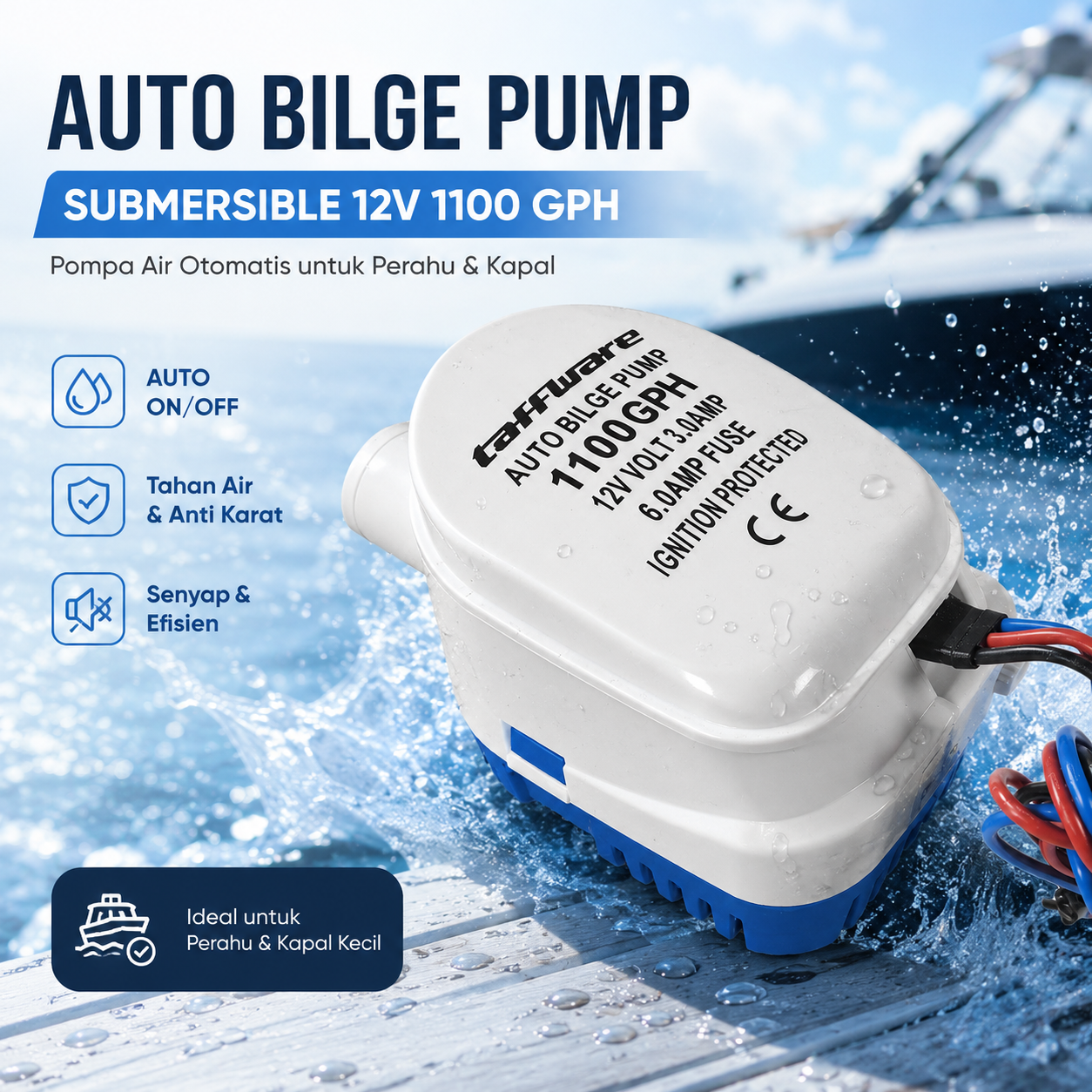 Gambar produk Taffware Pompa Air Auto Bilge Pump Submersible 12V 1100 GPH - HYBP1 - Utama