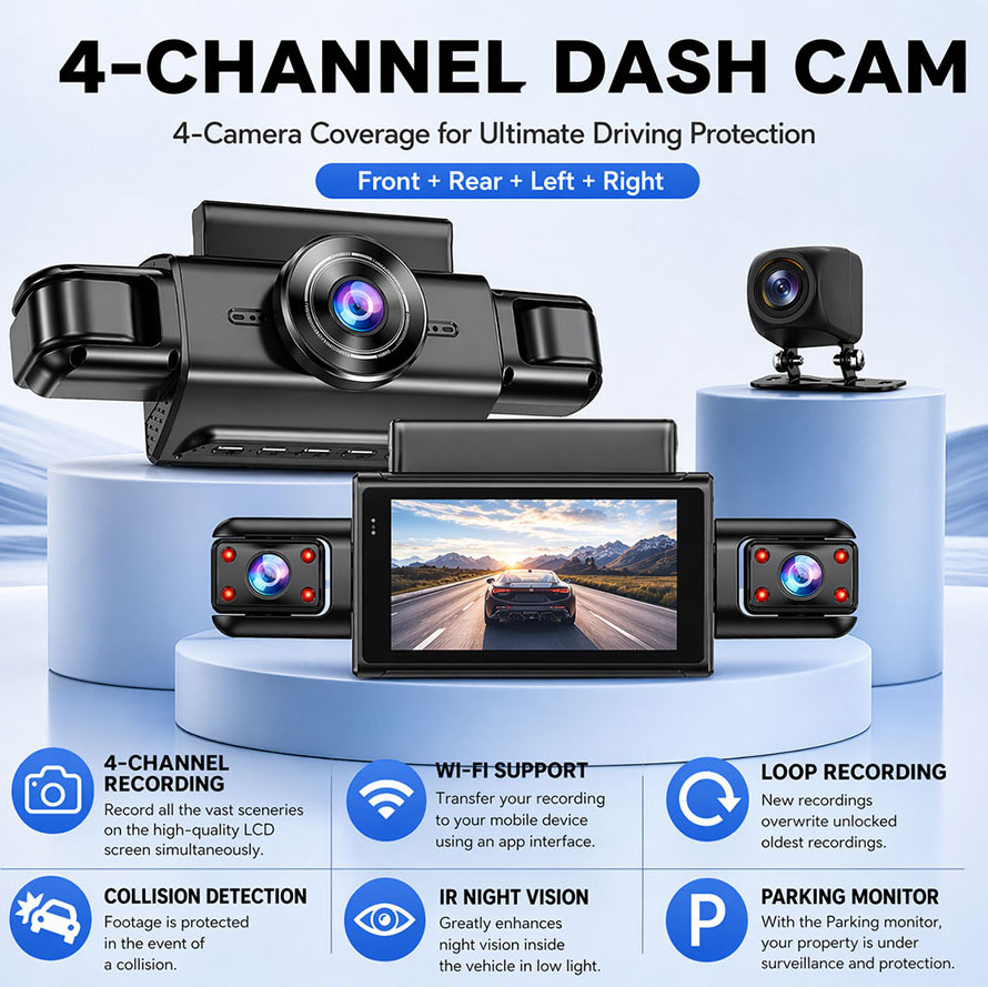 Taffware Dashcam Mobil 4 Channel Depan Belakang Samping WIFI 1080p - MQ60 Gambar produk Taffware Dashcam Mobil 4 Channel Depan Belakang Samping WIFI 1080p - MQ60 - Utama