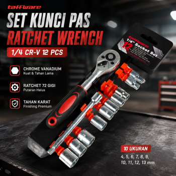 Taffware Set Kunci Pas Shock Ratchet Wrench 1/4 Handle CR-V 12 PCS