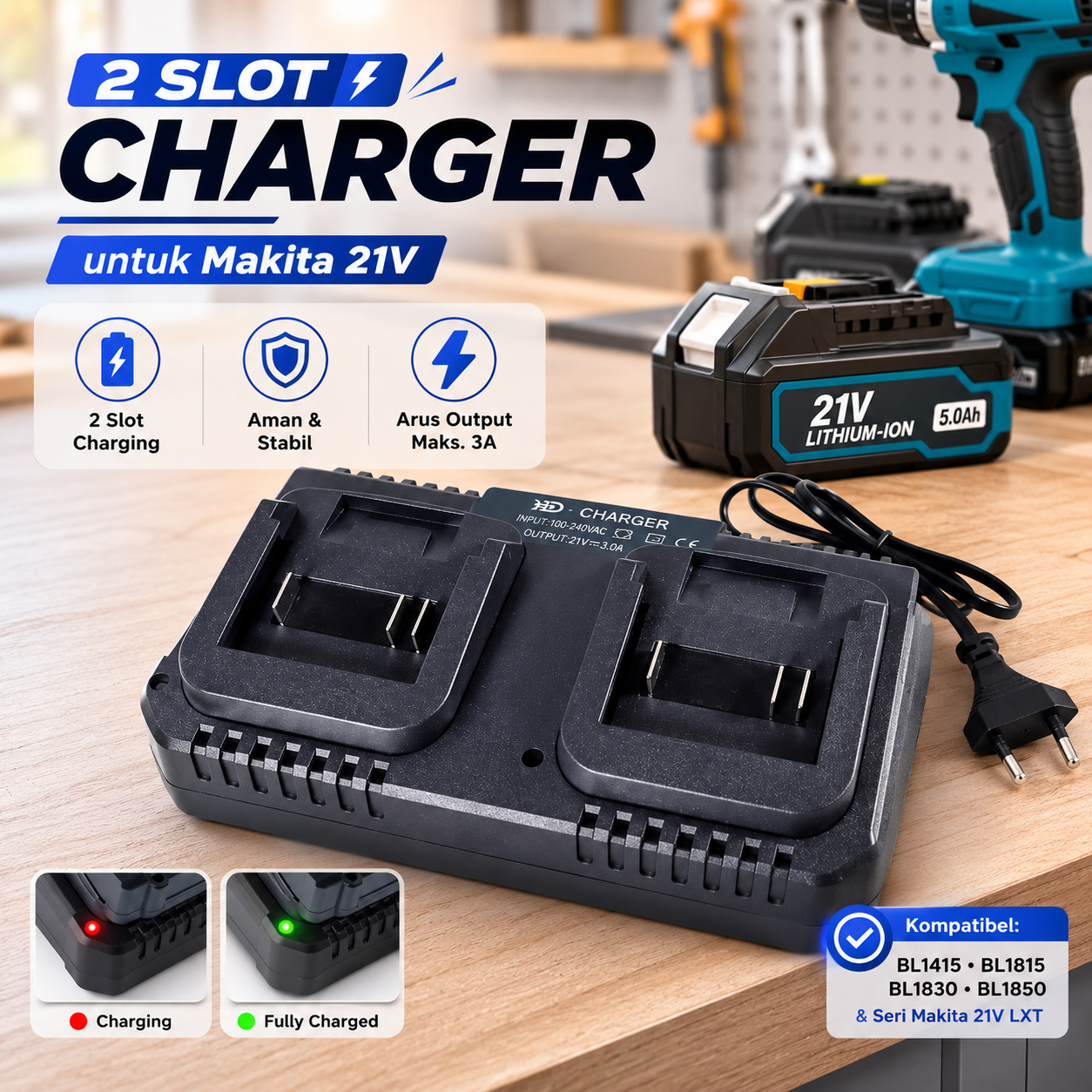 Gambar produk OUTDO Charger Baterai Bor Listrik 2 Slot 3A Makita 21V BL1415 BL1850 - 90030-CH - Utama
