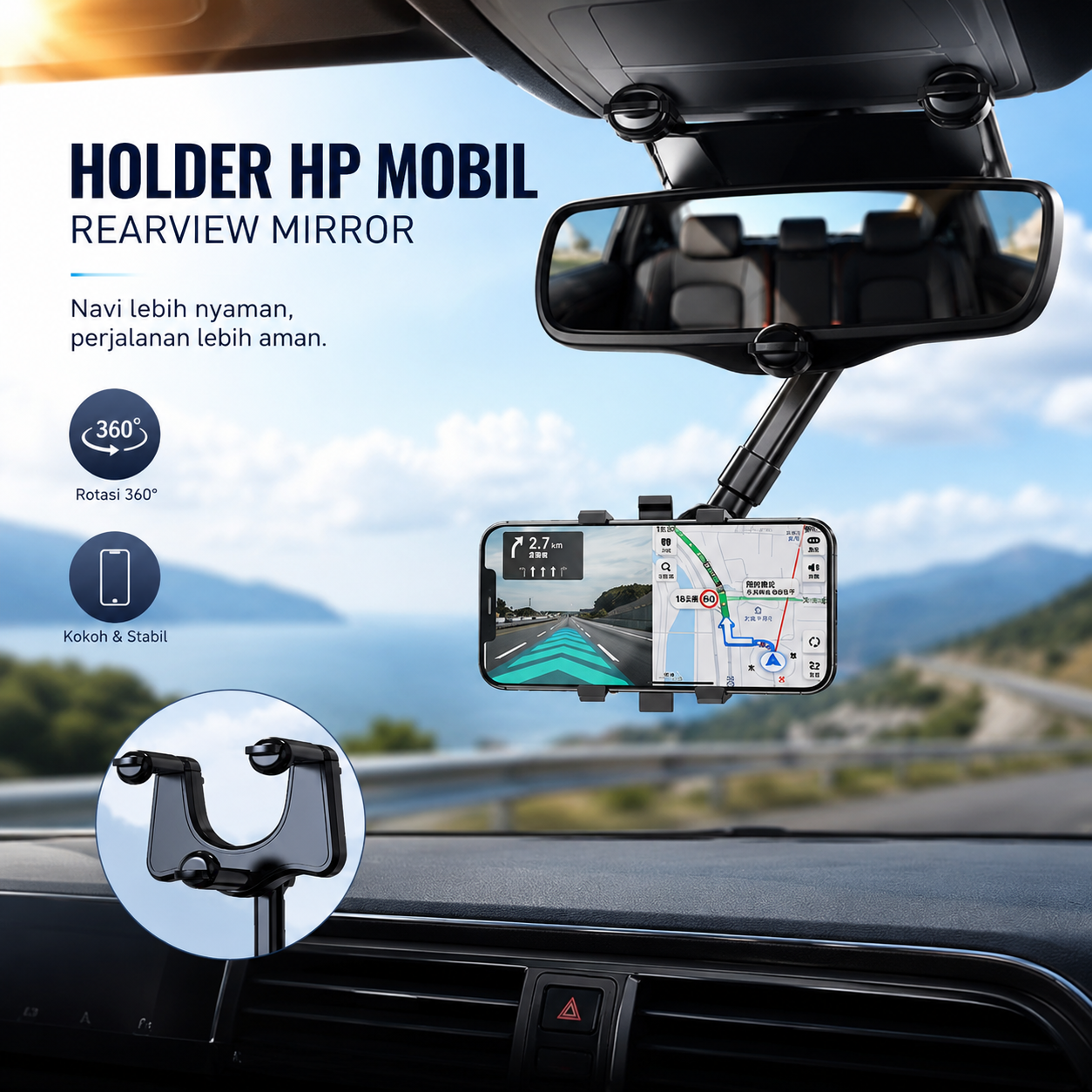 Gambar produk Dawndesslo Holder HP Mobil Adjustable Rearview Mirror Car Phone Holder - ZJ099 - Utama