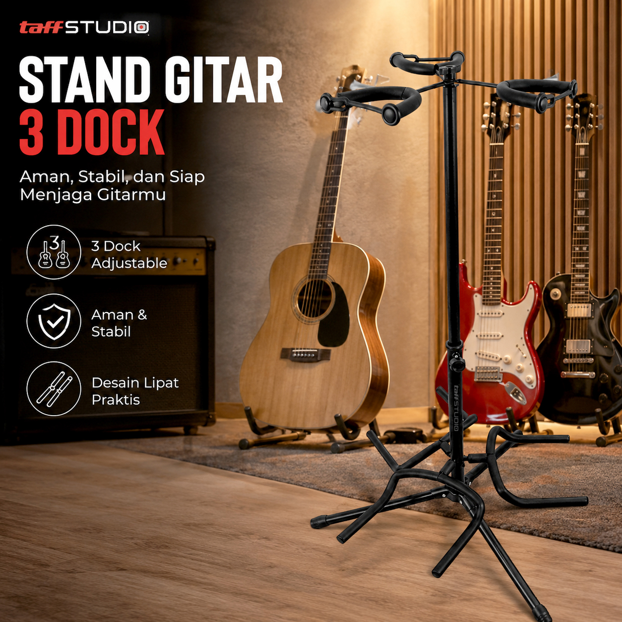 Gambar produk TaffSTUDIO Stand Gitar Folding 3 Dock Adjustable Besi - HG-20 - Utama