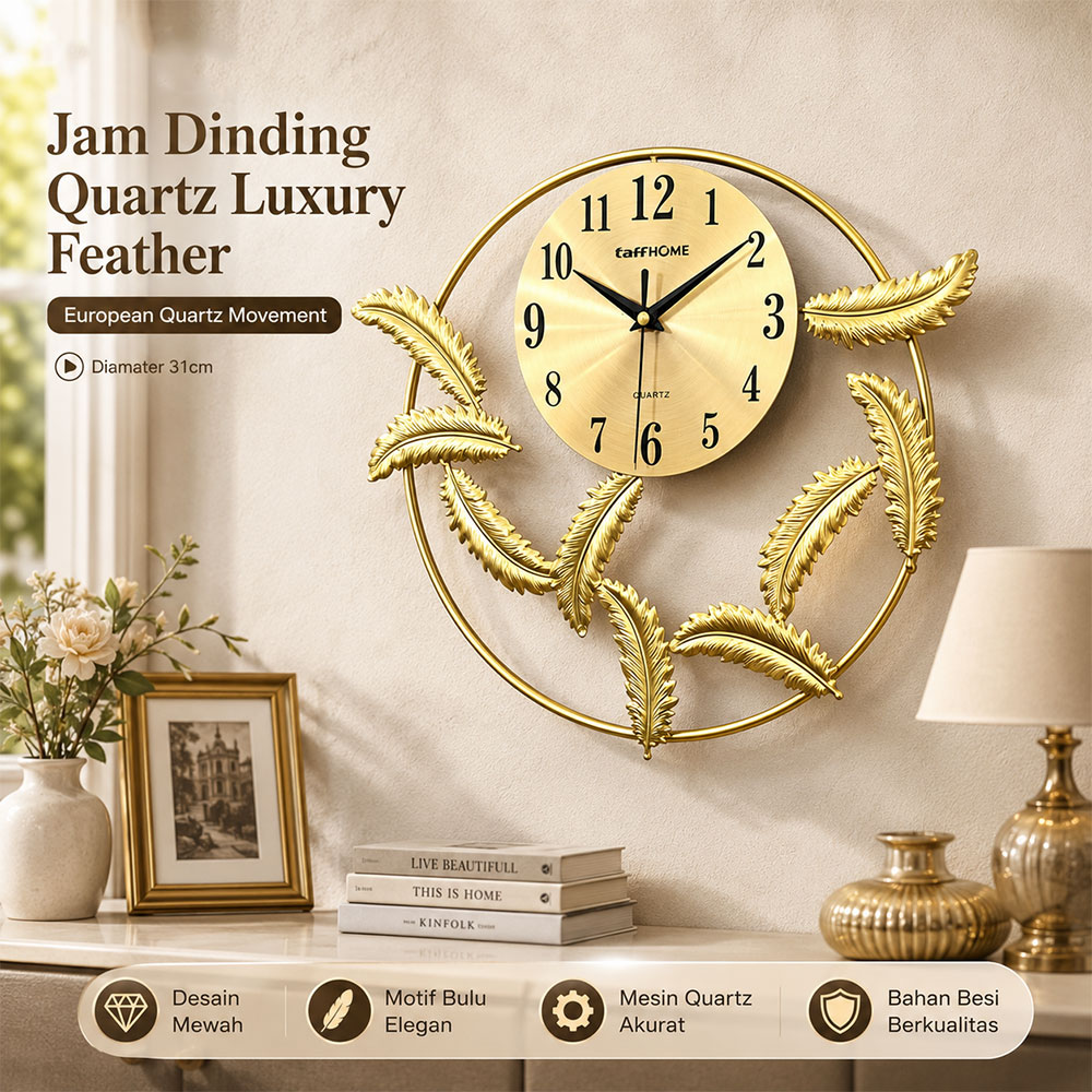TaffHOME Jam Dinding Quartz Luxury Feather European Style 31cm - 25054 Gambar produk TaffHOME Jam Dinding Quartz Luxury Feather European Style 31cm - 25054 - Utama