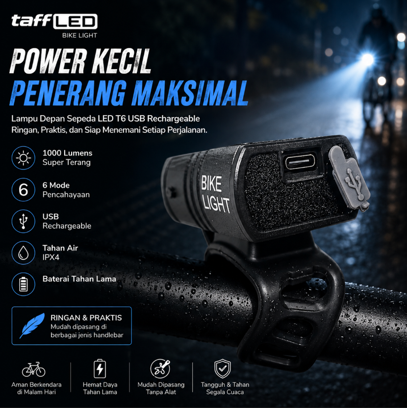 TaffLED Lampu Depan Sepeda LED Waterproof Rechargeable 1000 Lumens - BK60 Gambar produk TaffLED Lampu Depan Sepeda LED Waterproof Rechargeable 1000 Lumens - BK60 - 2