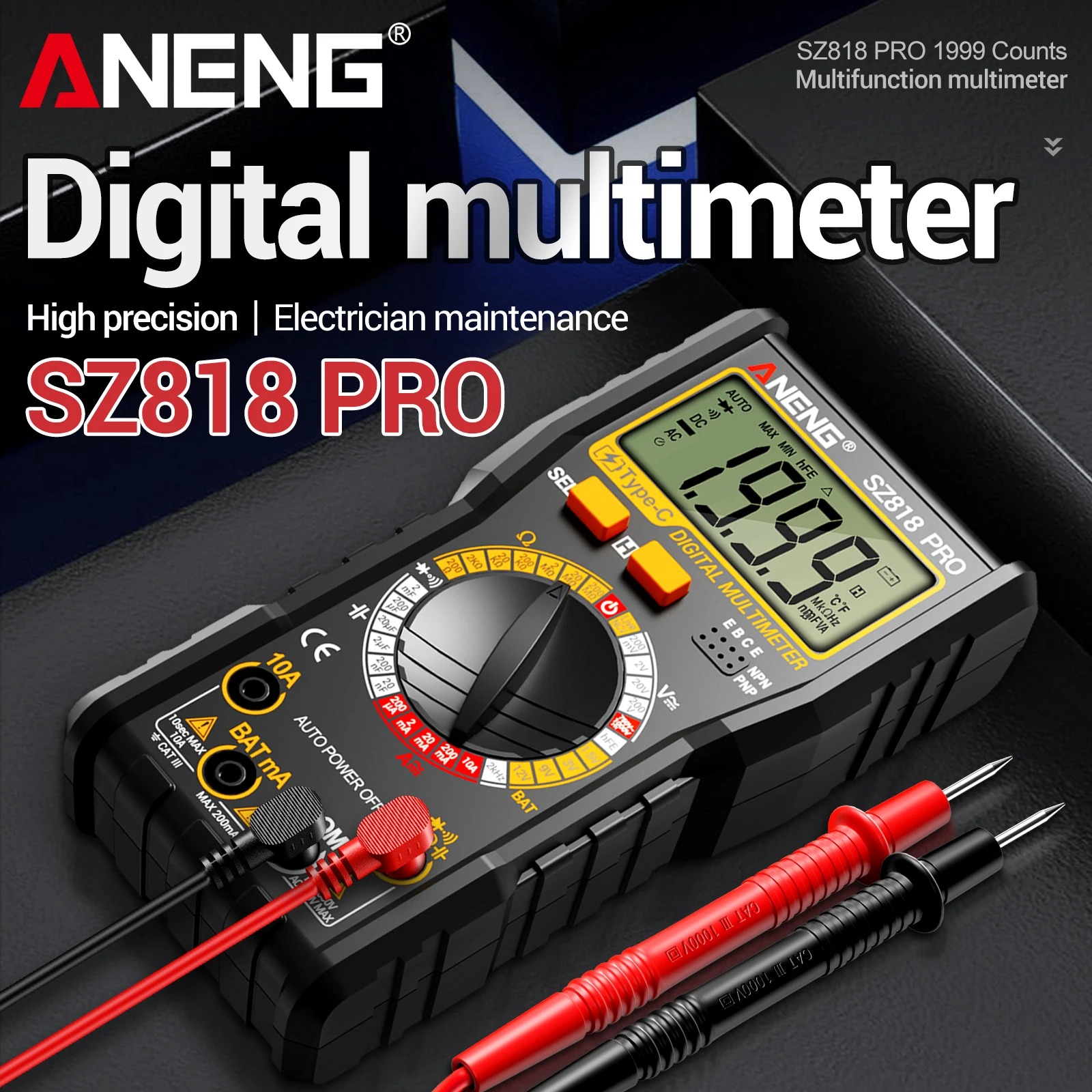 Gambar produk ANENG Digital Multimeter Voltage Tester Battery Test NCV 1999 Count - SZ818 Pro - Utama