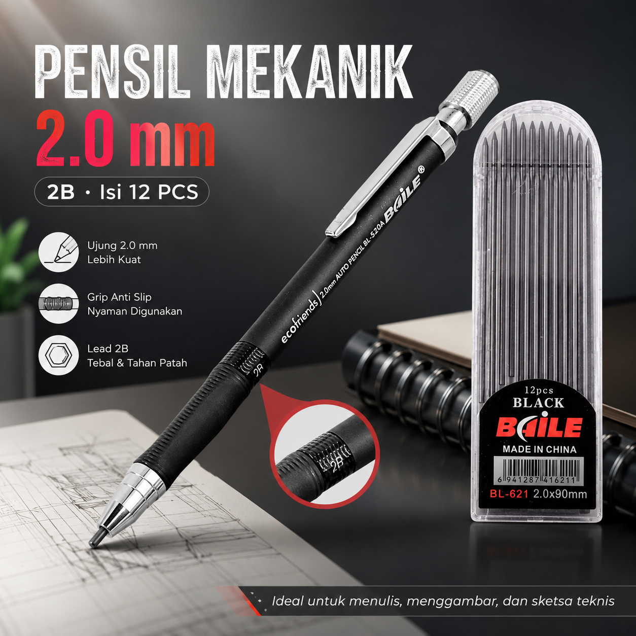 Gambar produk BAILE Pensil Mekanik Mechanical Pencil 2B 2mm Isi 12 - BL-621 - Utama