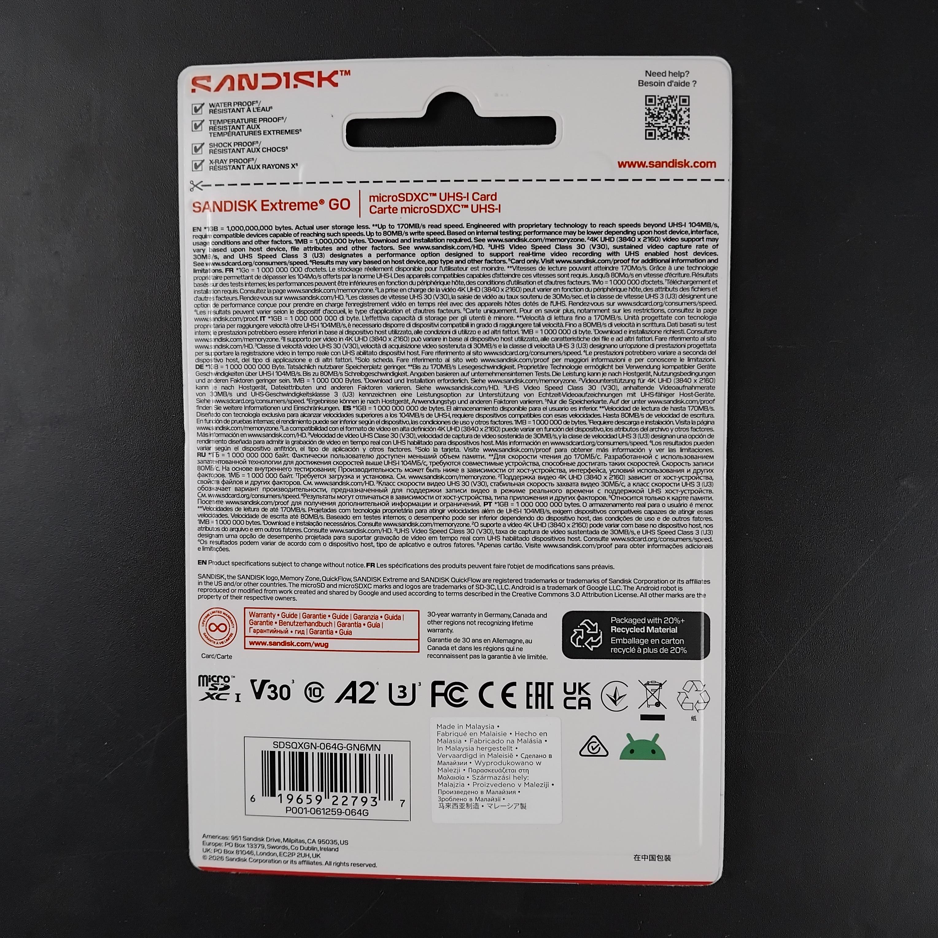 SanDisk Extreme GO microSDXC UHS-I A2 U3 V30 64GB - SDSQXGN Gambar produk SanDisk Extreme GO microSDXC UHS-I A2 U3 V30 64GB - SDSQXGN - Kemasan