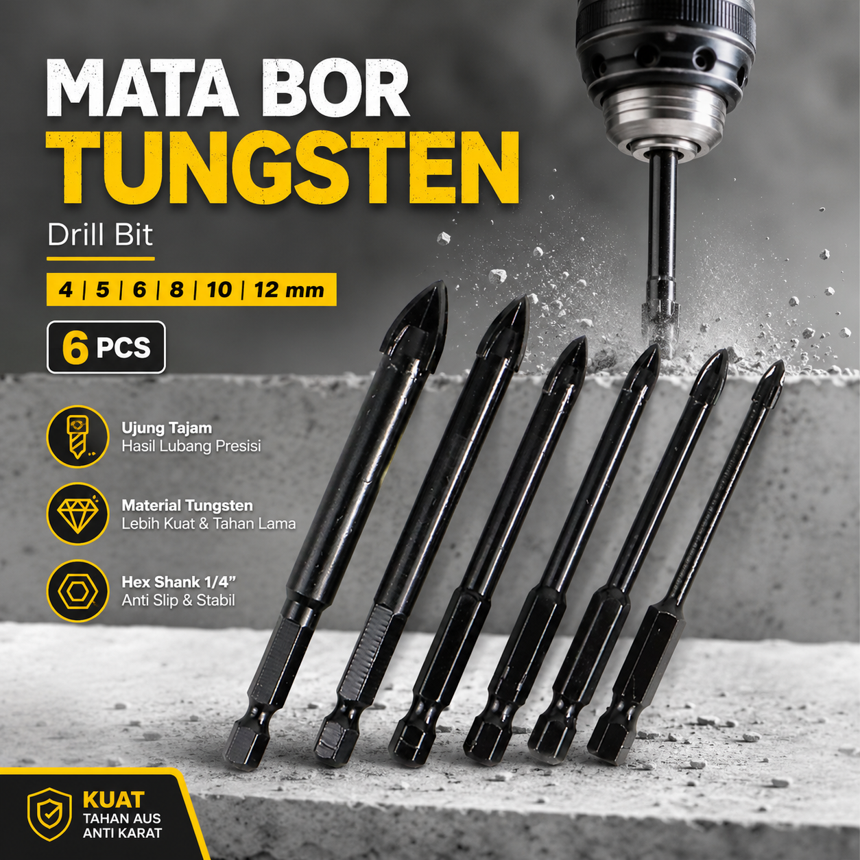BINOAX Mata Bor Tungsten Drill Bit 4 5 6 8 10 12mm 6 PCS - MGDK003 Gambar produk BINOAX Mata Bor Tungsten Drill Bit 4 5 6 8 10 12mm 6 PCS - MGDK003 - Utama
