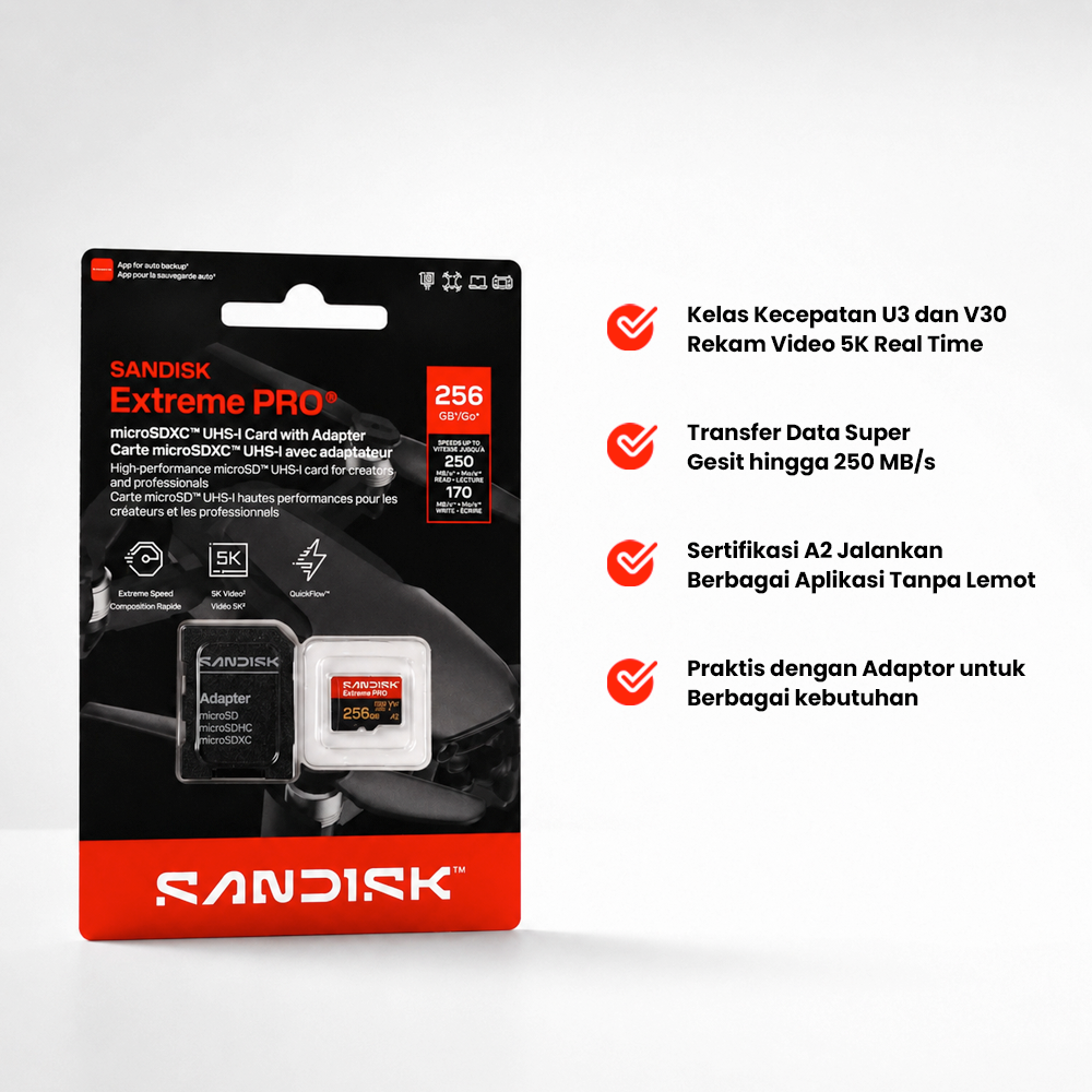 Gambar produk SanDisk Extreme Pro microSDXC UHS-I U3 V30 250MB/s 256GB - SDSQXCJ - 2