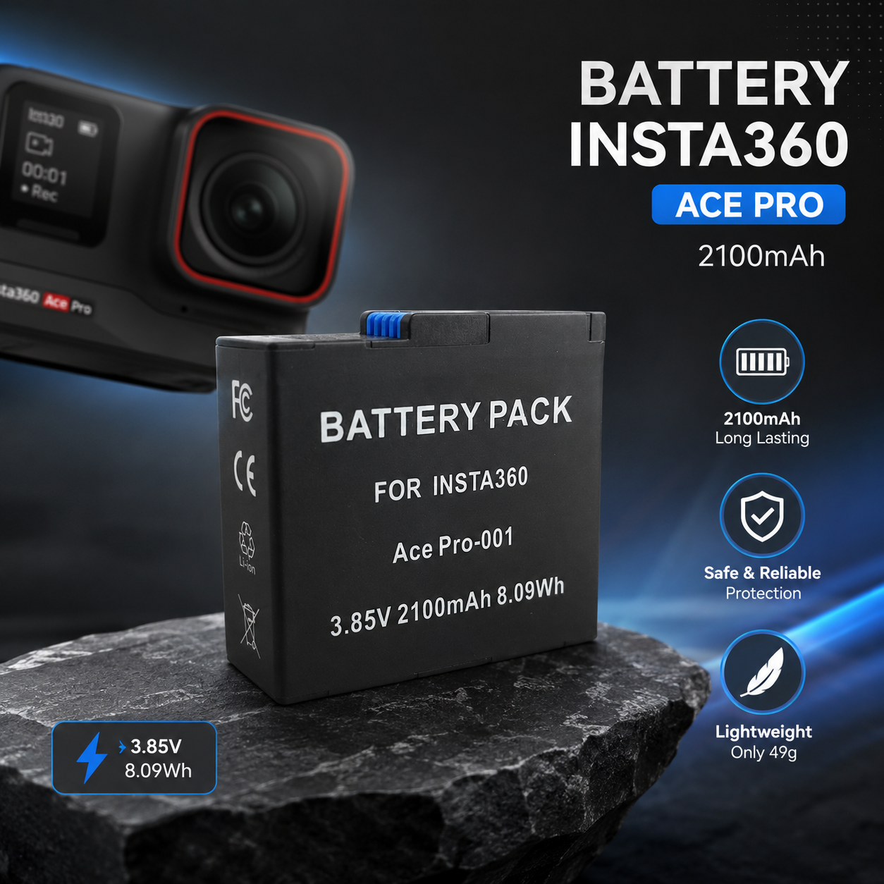 YUBOLI Baterai Kamera Insta360 Ace Pro Replacement Battery 2100mAh - YB385 Gambar produk YUBOLI Baterai Kamera Insta360 Ace Pro Replacement Battery 2100mAh - YB385 - 1