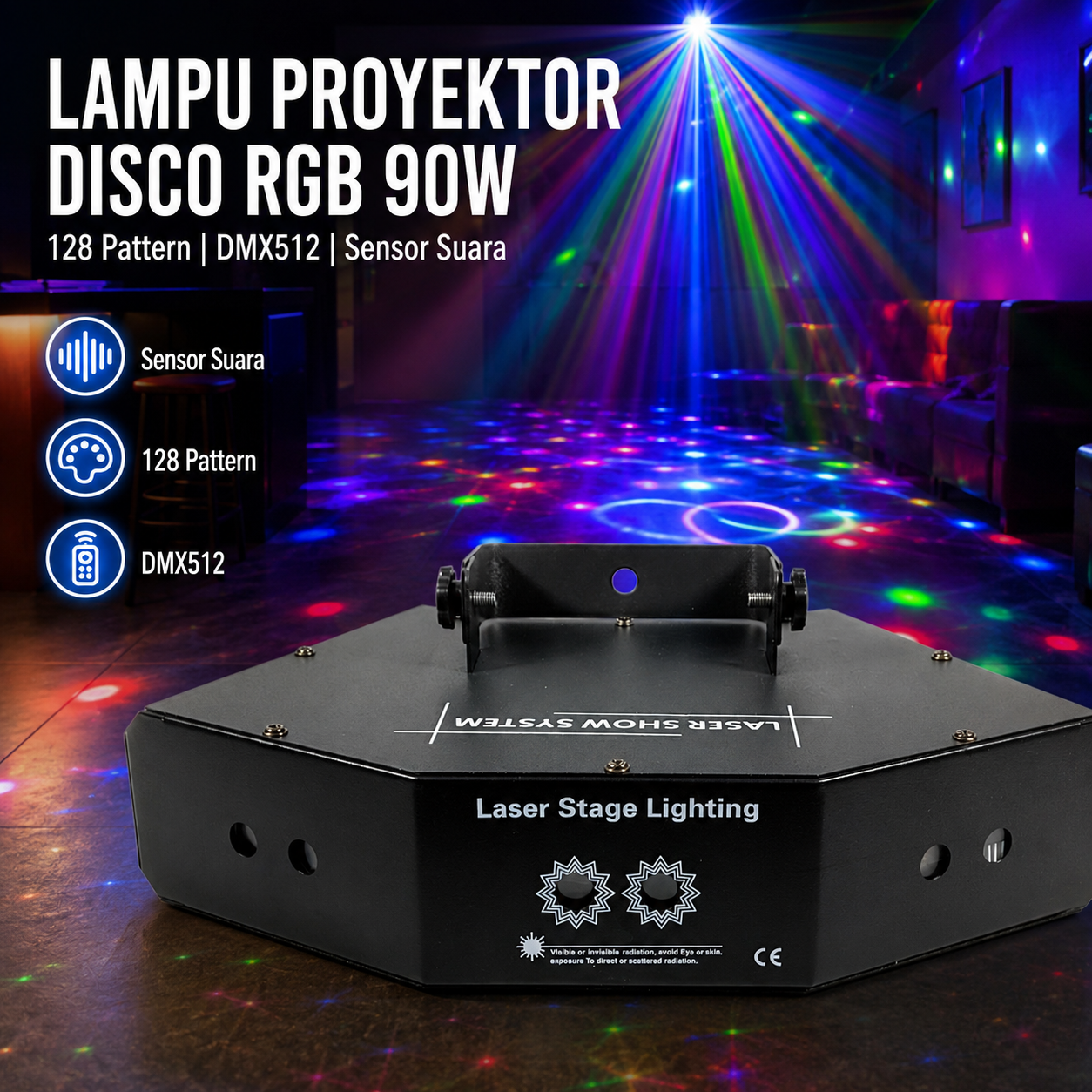 Gambar produk GOVE Lampu Proyektor Disco Sensor Suara RGB 128 Pattern DMX512 90W - EL-6EGL - Utama