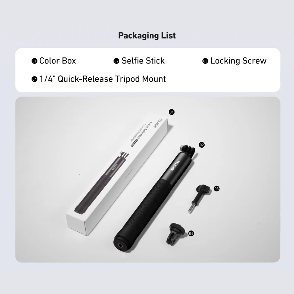 TELESIN Tongsis Insta360 GoPro DJI Osmo Ultra Long Selfie Stick 90cm - S1-MNP-09 Gambar produk TELESIN Tongsis Insta360 GoPro DJI Osmo Ultra Long Selfie Stick 90cm - S1-MNP-09 - Kemasan