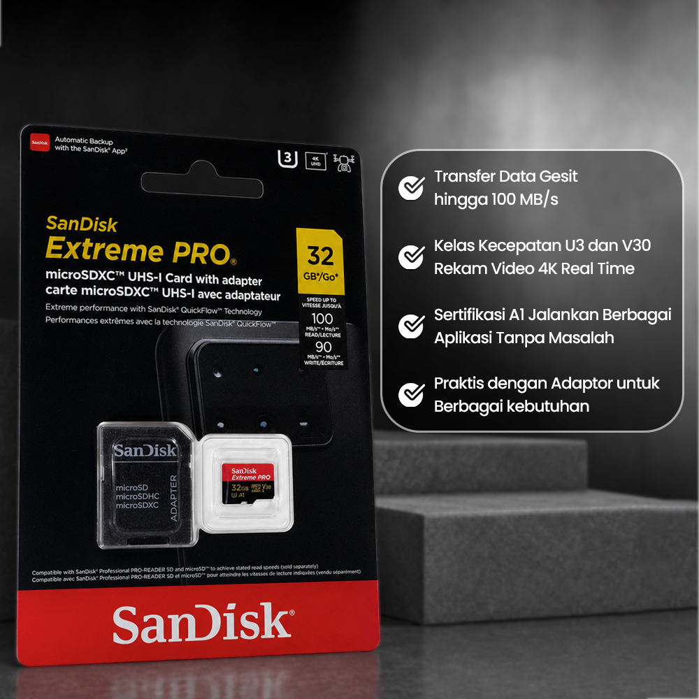 SanDisk Extreme Pro microSD UHS-I Class 10 A1 100MB/s 32GB - SDSQXCG Gambar produk SanDisk Extreme Pro microSD UHS-I Class 10 A1 100MB/s 32GB - SDSQXCG - 2
