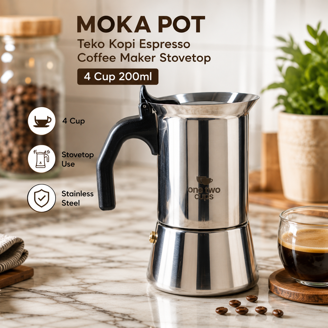 Gambar produk One Two Cups Moka Pot Teko Kopi Espresso Coffee Maker Stovetop 4 Cup 200ml - Z65 - Utama