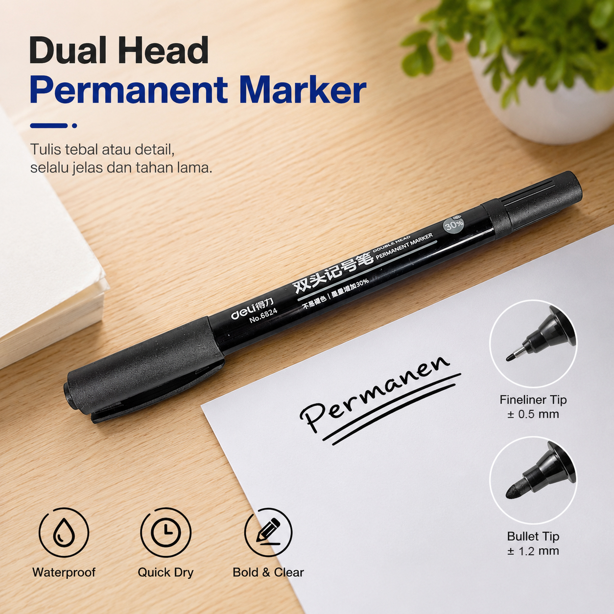 Deli Pena Marker Permanen Dual Head Tip Pens Waterproof - 6824 Gambar produk Deli Pena Marker Permanen Dual Head Tip Pens Waterproof - 6824 - Utama