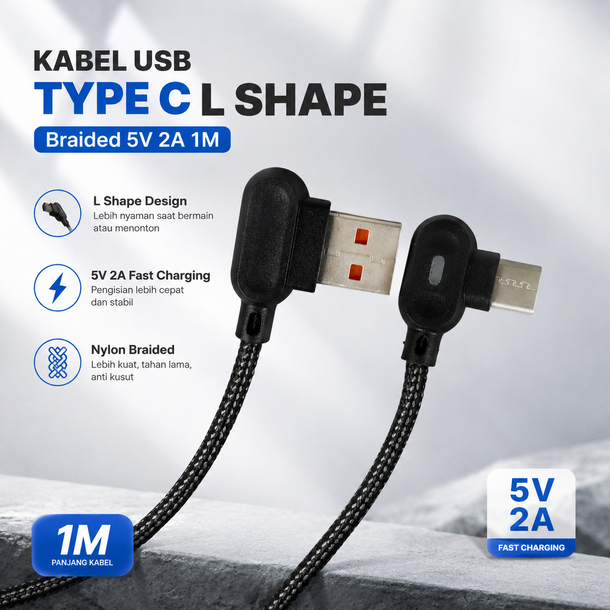 Gambar produk UGI Kabel Data Multifungsi Fast Charging L Shape Braided 5V 2A 1M USB Type C - UGI02 - Utama