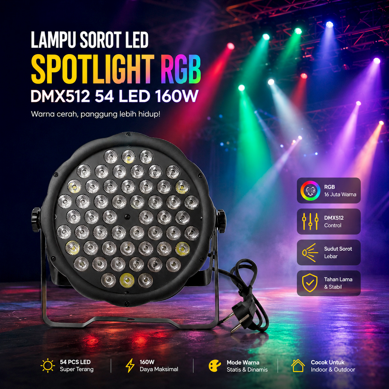 SHHDS Lampu Sorot LED Outdoor Spotlight RGB DMX512 54 LED 160W - SH54 Gambar produk SHHDS Lampu Sorot LED Outdoor Spotlight RGB DMX512 54 LED 160W - SH54 - Utama