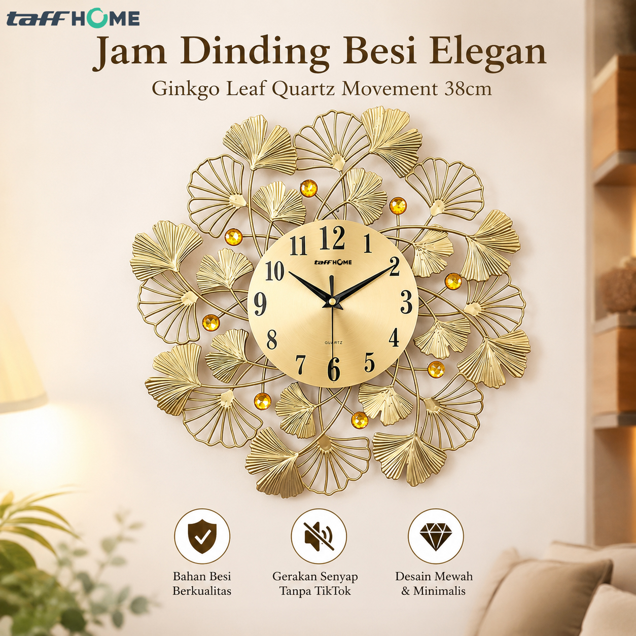 TaffHOME Jam Dinding Besi Elegan Ginkgo Leaf Quartz Movement 38cm - 25017 Gambar produk TaffHOME Jam Dinding Besi Elegan Ginkgo Leaf Quartz Movement 38cm - 25017 - Utama
