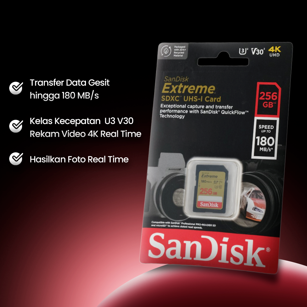 Gambar produk SanDisk Extreme SDXC UHS-I Card V30 U3 Class 256GB-SDSDXVV-256G - SDSDXV - 2