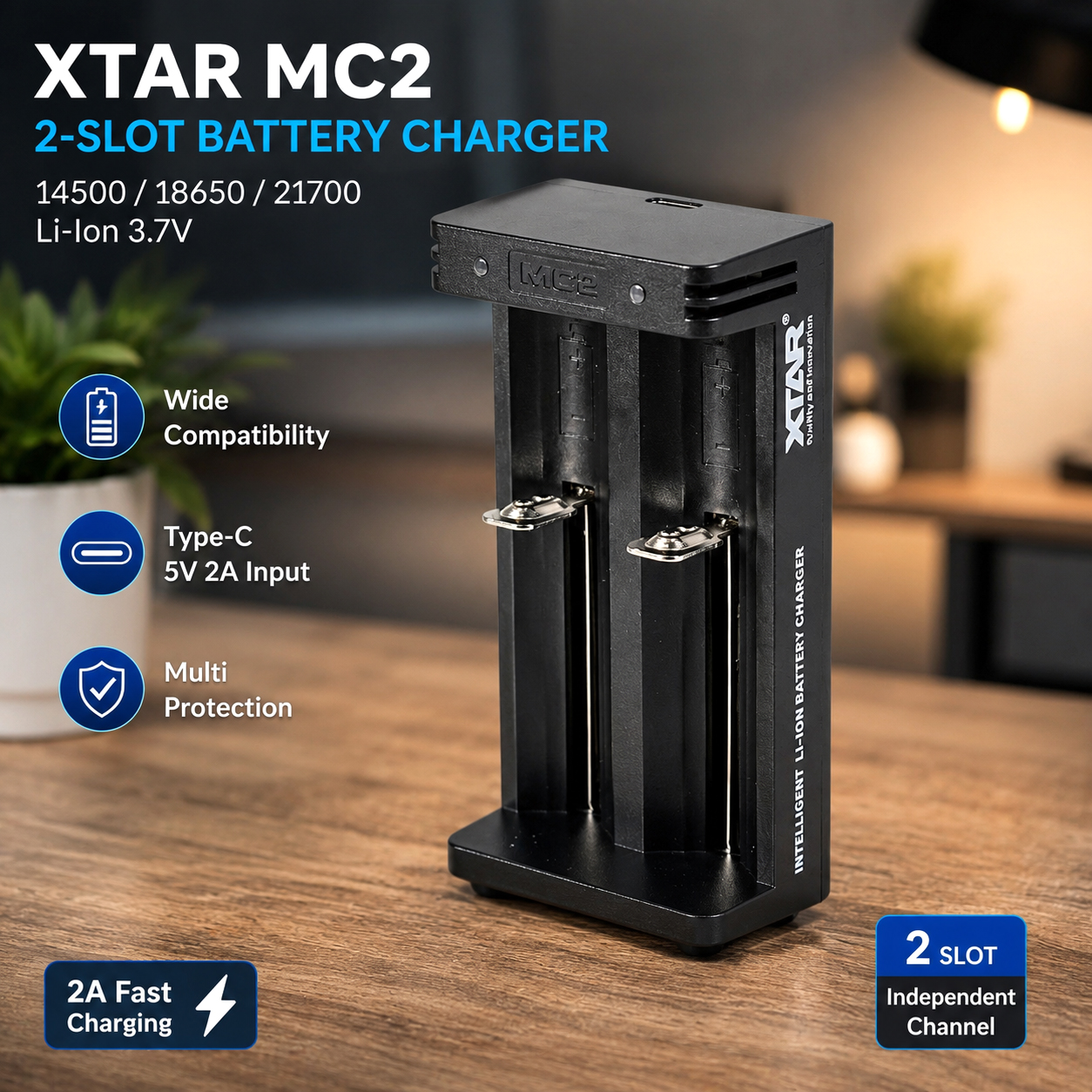 Gambar produk XTAR Charger Baterai 2 Slot 14500 18650 21700 Li-Ion 3.7V 2A 5V Type C - MC2 - Utama