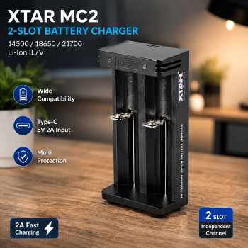 XTAR Charger Baterai 2 Slot 14500 18650 21700 Li-Ion 3.7V 2A 5V Type C - MC2