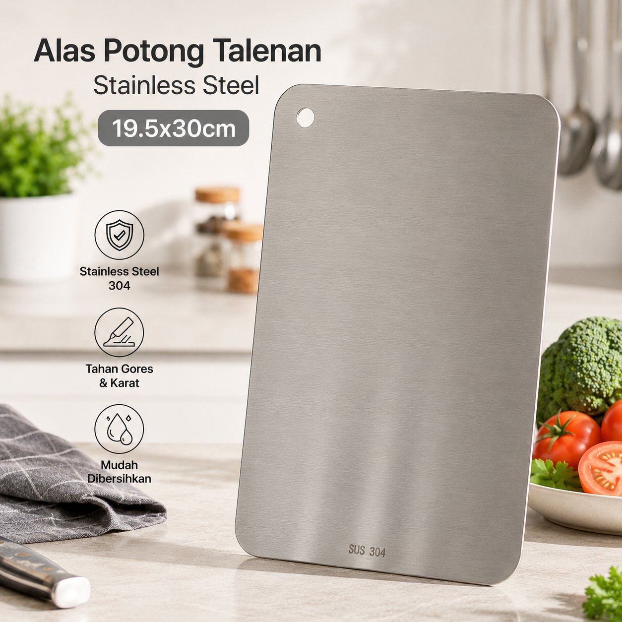 Gambar produk WONDER Alas Potong Talenan Multifungsi Cutting Board Stainless Steel 19.5x30cm - W02 - Utama
