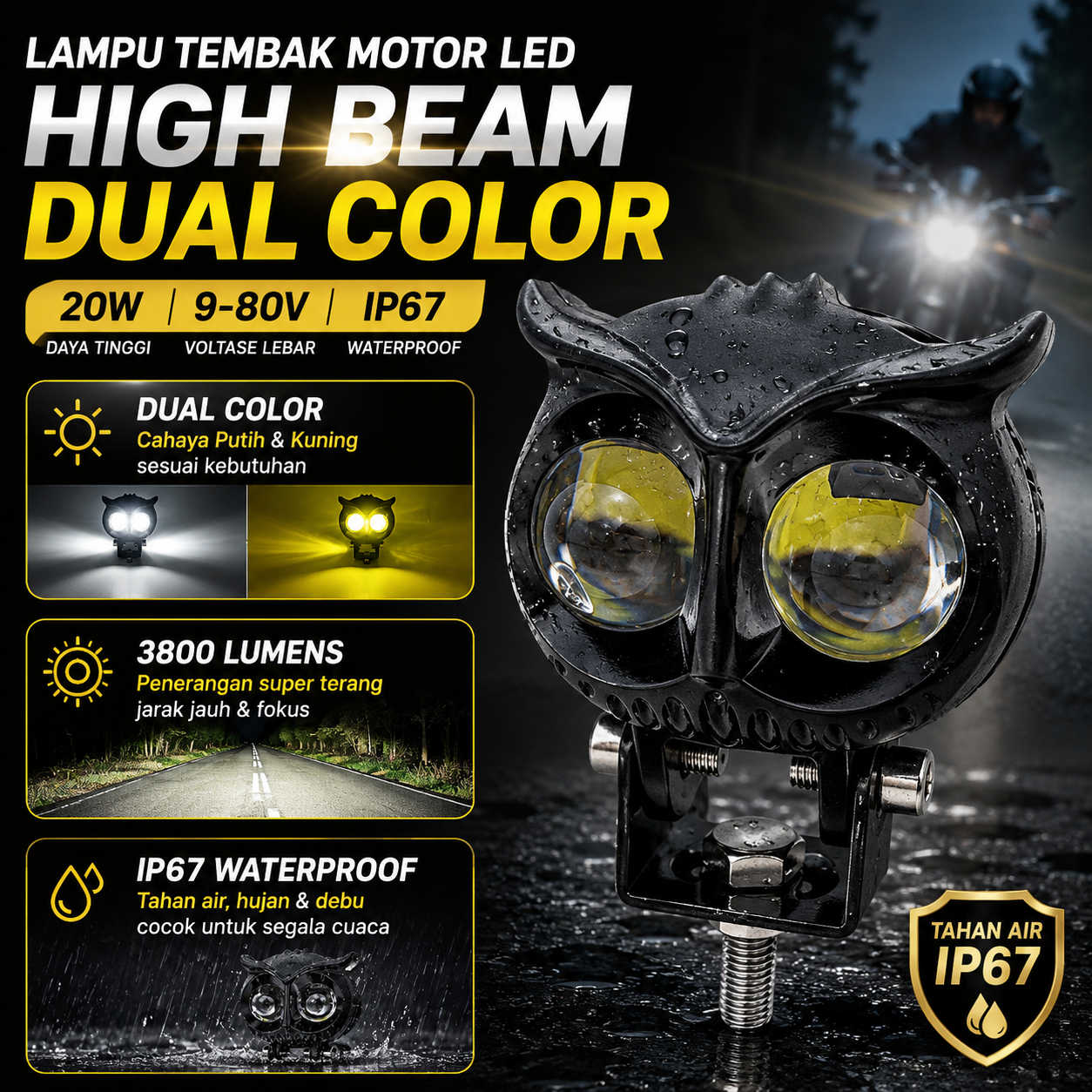 OWL Lampu Tembak Motor LED High Beam Dual Color IP67 20W 9-80V - OC2L Gambar produk OWL Lampu Tembak Motor LED High Beam Dual Color IP67 20W 9-80V - OC2L - Utama