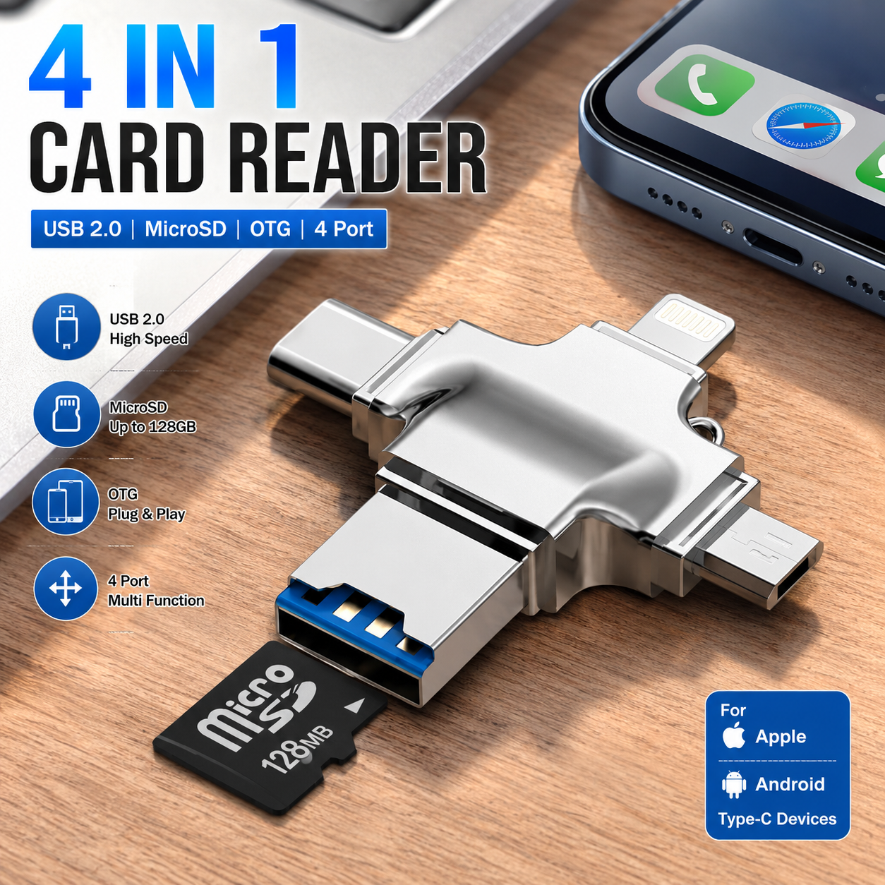 Gambar produk Y-DISK Card Reader OTG 4in1 USB 2.0 Micro Type C Lightning MicroSD - CR125 - Utama