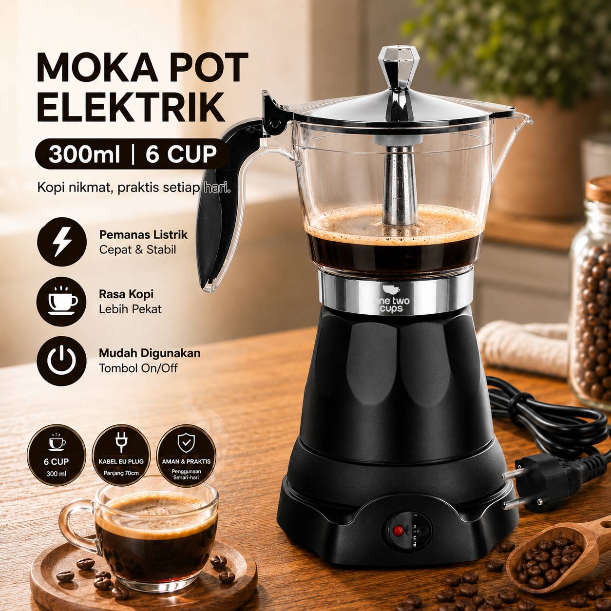 One Two Cups Moka Pot Elektrik Espresso Coffee Maker 480W 6 Cup 300ml - S06 Gambar produk One Two Cups Moka Pot Elektrik Espresso Coffee Maker 480W 6 Cup 300ml - S06 - Utama