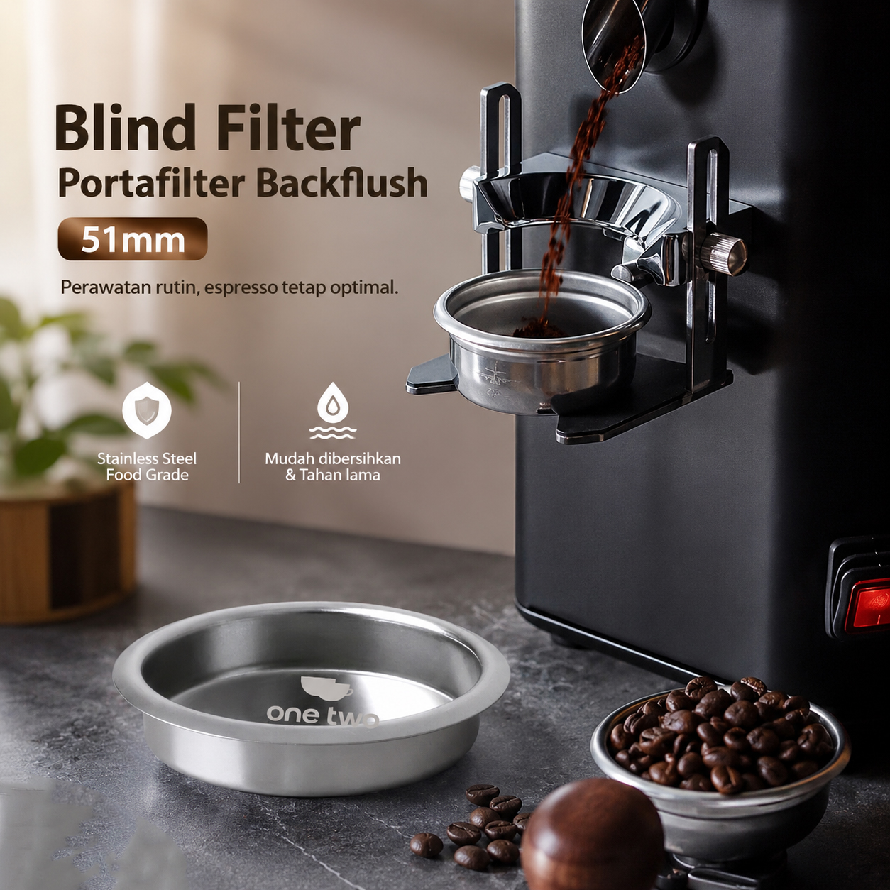 Gambar produk One Two Cups Basket Blind Filter Portafilter Backflush Stainless Steel 51mm - Y582 - Utama