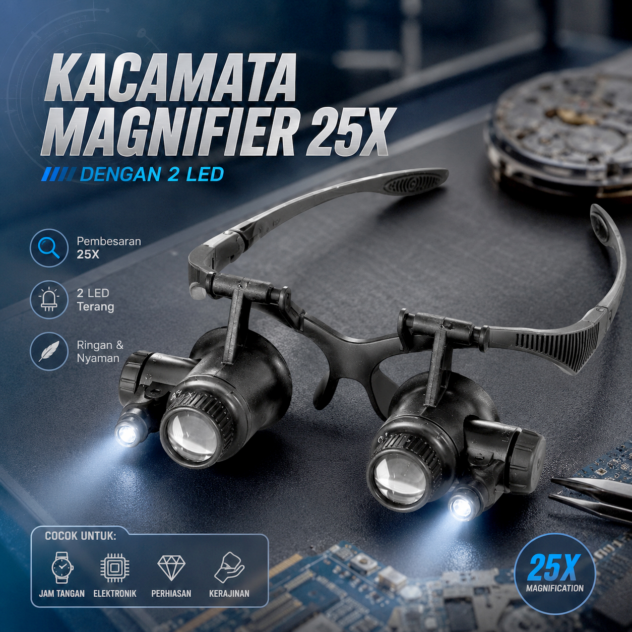 ZEAST Kaca Pembesar Kacamata 25x Magnifier dengan 2 LED - 9892GJ Gambar produk ZEAST Kaca Pembesar Kacamata 25x Magnifier dengan 2 LED - 9892GJ - Utama